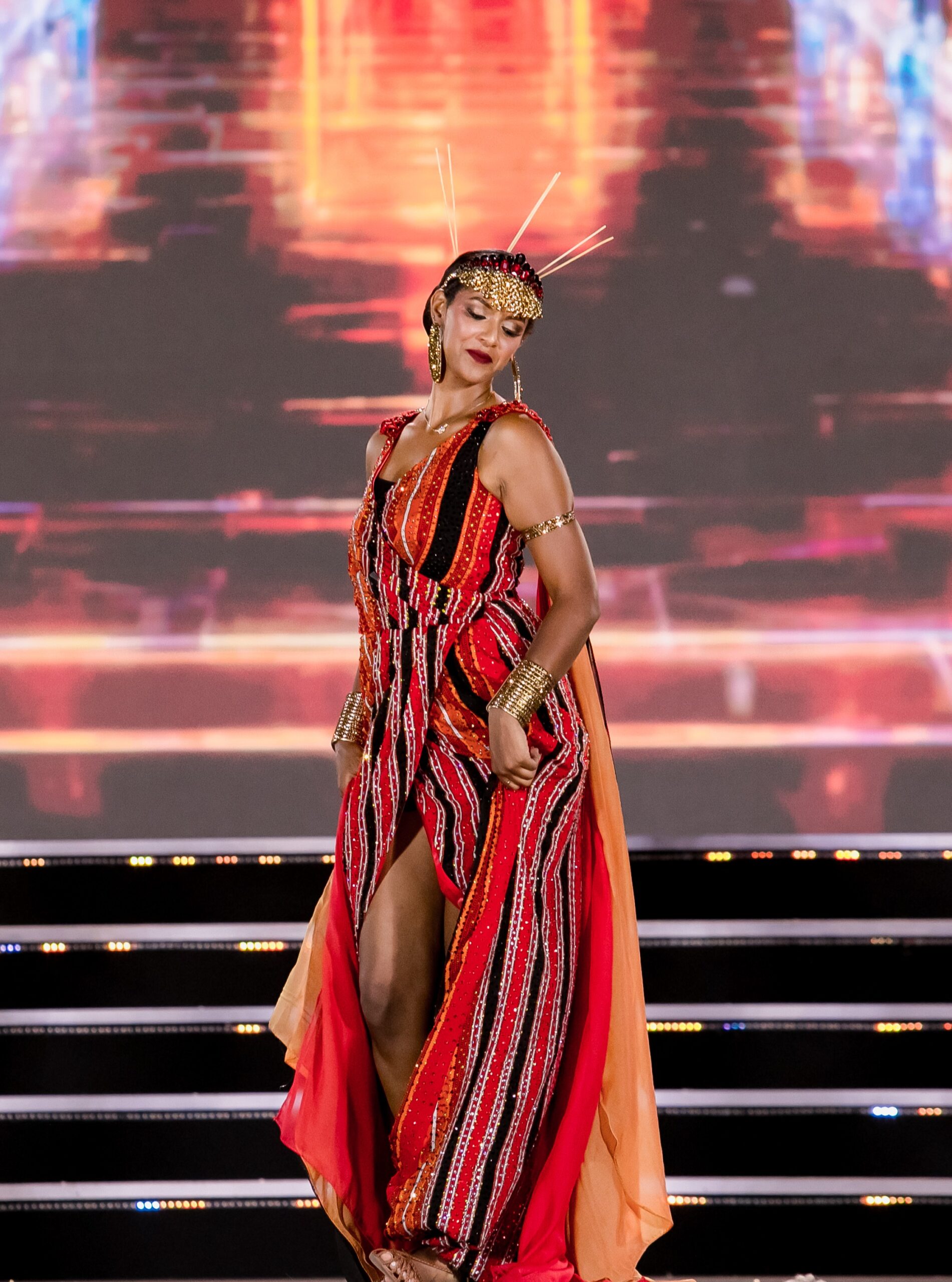 Snit Habteab Tewoldemedhin performing in traditional Eritrean attire during the Miss World 2026 Dances of the World event.