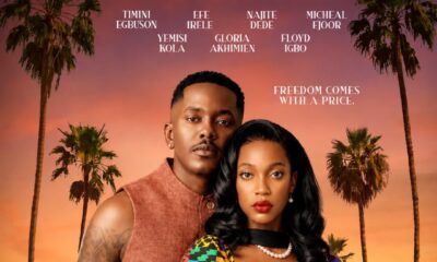 Movie poster for Before Midnight showing Timini Egbuson and Efe Irele against a sunset skyline with palm trees.