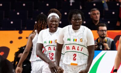 Sika Koné and Djeneba N’Diaye celebrating on court during Mali’s victory over Spain at the FIBA World Cup 2026.