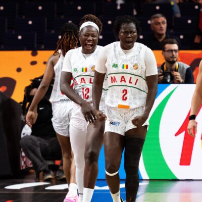 Sika Koné and Djeneba N’Diaye celebrating on court during Mali’s victory over Spain at the FIBA World Cup 2026.