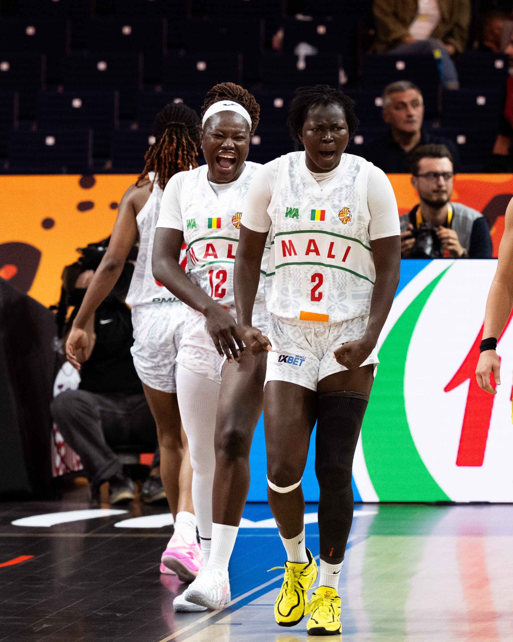 Sika Koné and Djeneba N’Diaye celebrating on court during Mali’s victory over Spain at the FIBA World Cup 2026.