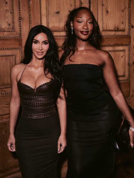 Tems & Kim Kardashian Link Up at SKIMS London Flagship Launch in Sleek Dark Looks