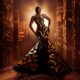 Omowunmi Dada in custom Somobysomo mermaid gown with geometric gold appliqués under dramatic studio lighting.