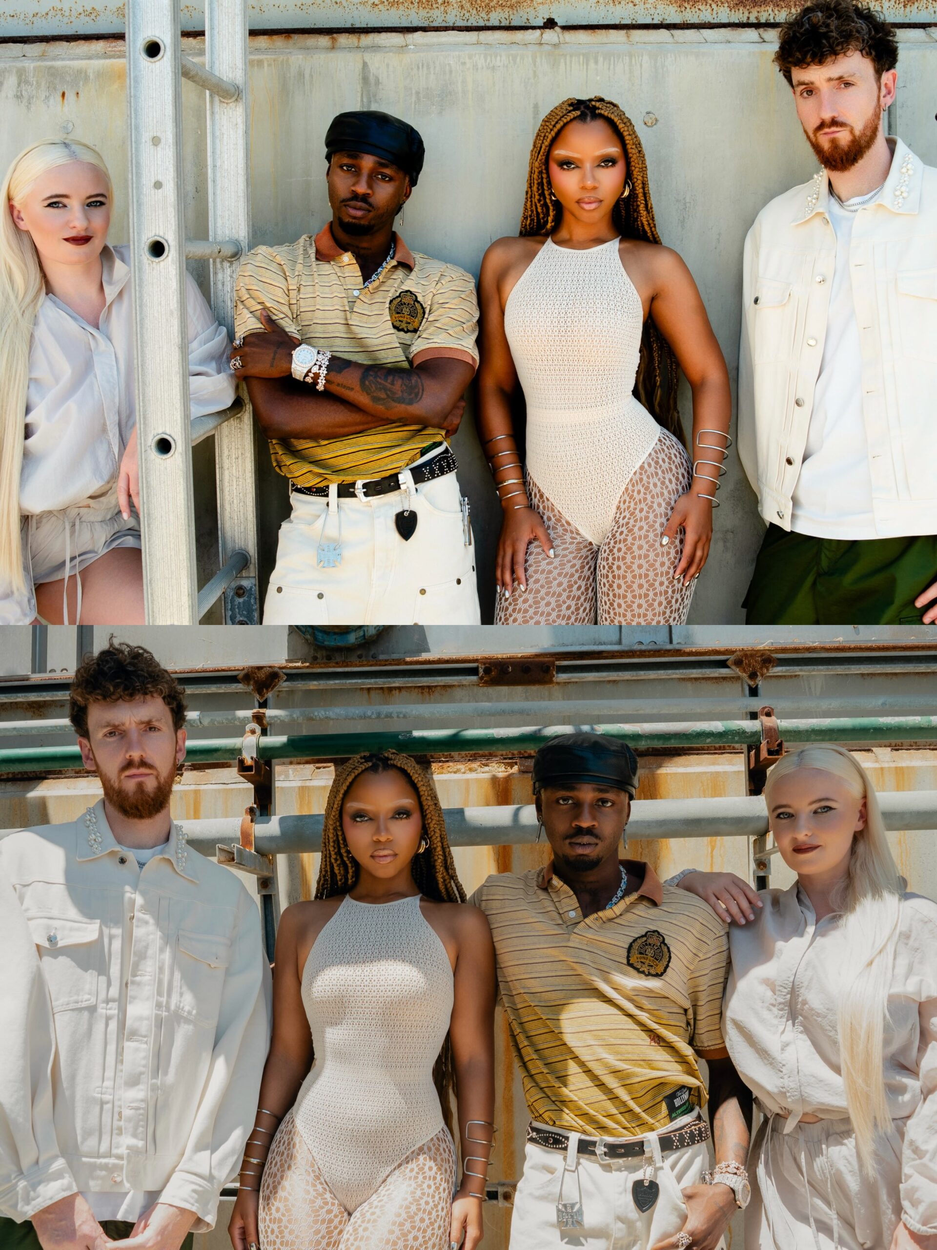 Clean Bandit members Grace Chatto and Jack Patterson posing with Omah Lay and Chlöe Bailey against an industrial background.