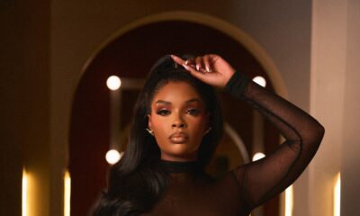 Dillish Mathews wearing a sheer black mock-neck gown with a boned corset and tulle train