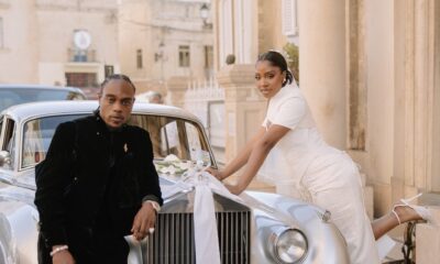 LAX leaning on a vintage silver Rolls Royce while Ella poses on the hood in her wedding dress in Malta.
