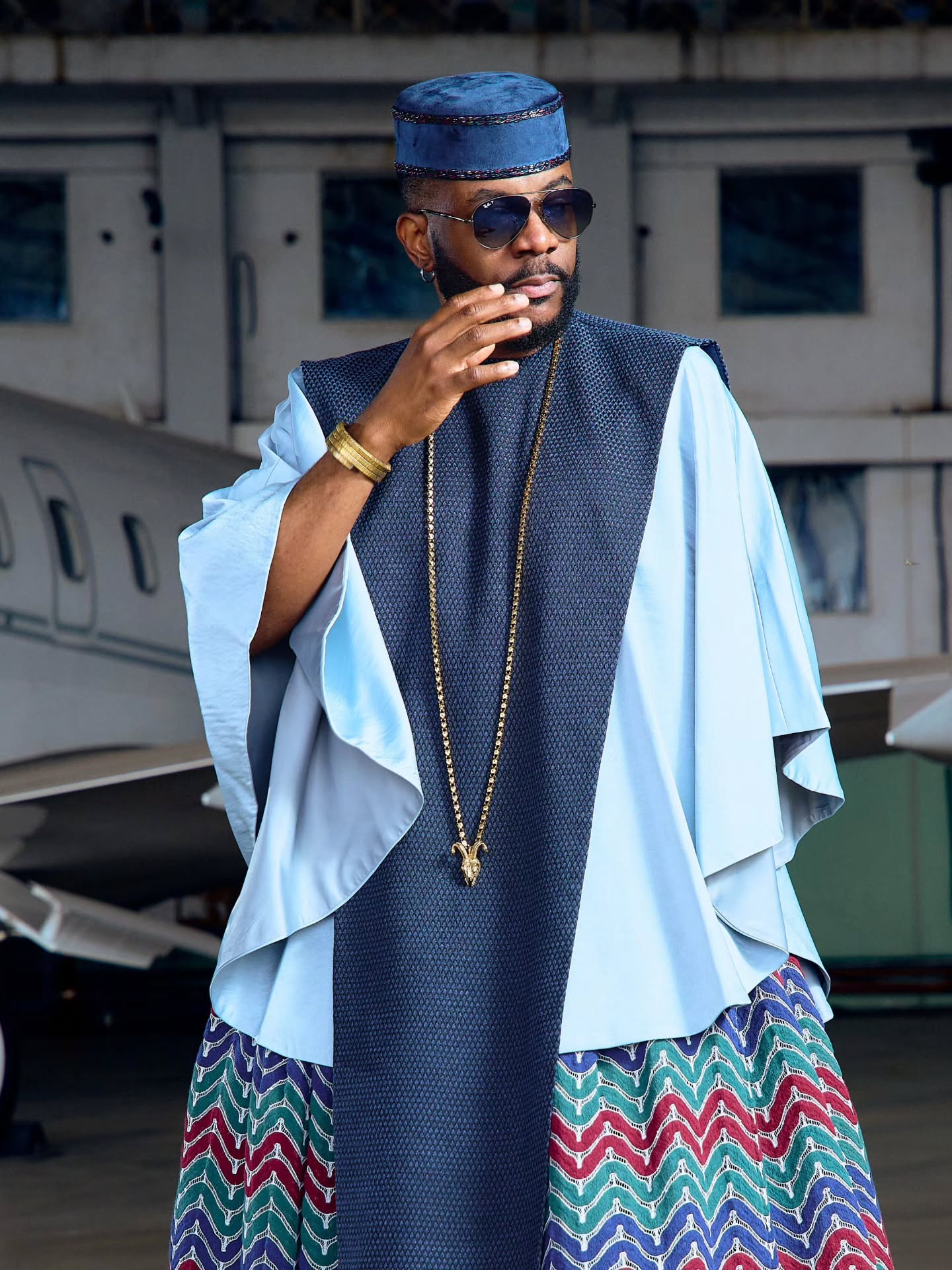 Ebuka Obi-Uchendu Paired a Sky-Blue Tunic With a Pleated Chevron Skirt on Big Brother Naija
