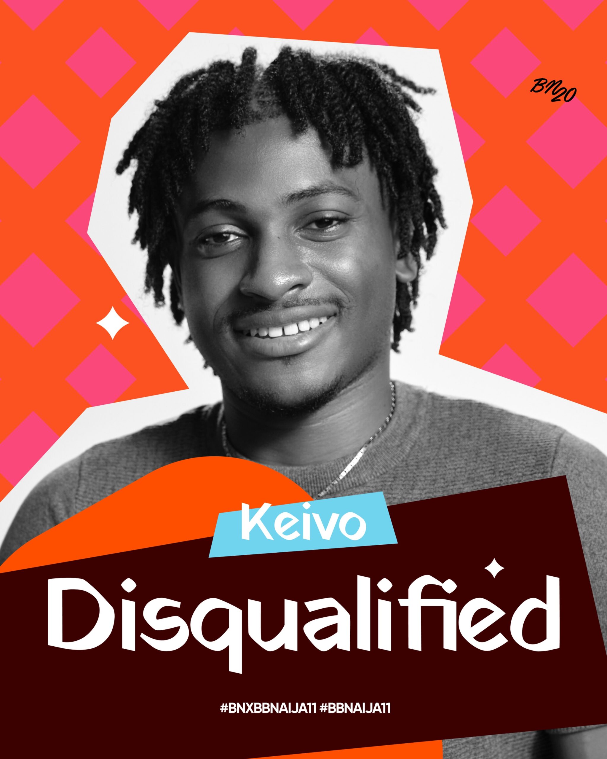 Big Brother Naija Season 11 housemate Keivo smiling in a monochrome photo overlay