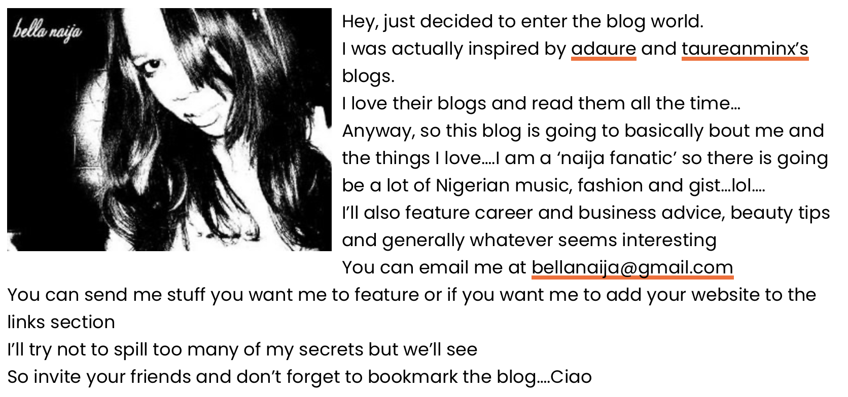 Archive screenshot of the original first blog post by BellaNaija founder Uche Pedro introducing the blog in 2006.
