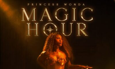 Official cover art for Afrofusion artist Princess Wonda's seven-track EP Magic Hour, featuring the singer in a gold corset dress alongside an hourglass.