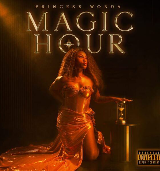 Official cover art for Afrofusion artist Princess Wonda's seven-track EP Magic Hour, featuring the singer in a gold corset dress alongside an hourglass.