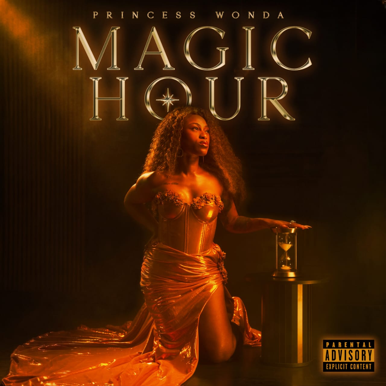 Official cover art for Afrofusion artist Princess Wonda's seven-track EP Magic Hour, featuring the singer in a gold corset dress alongside an hourglass.