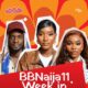 Official weekly review cover image featuring Big Brother Naija Season 11 housemates Tram, Abi, and Flora.