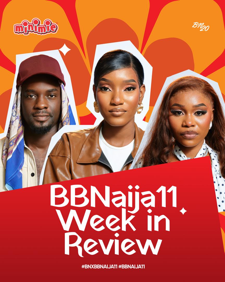 Official weekly review cover image featuring Big Brother Naija Season 11 housemates Tram, Abi, and Flora.