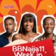 BBNaija Season 11 Week in Review graphic featuring evicted and disqualified housemates Nomy, Abi, and Araga with the Minimie Nigeria logo.