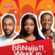 Big Brother Naija Season 11 housemates Ricky, Temi Nkem, and Tram featured on the Minimie Week in Review banner.