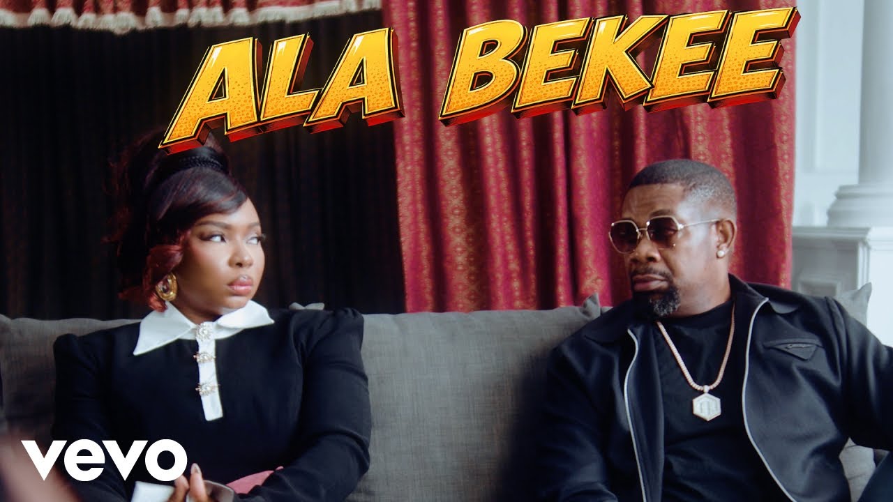 Yemi Alade and Don Jazzy sitting together on a lounge sofa under a bold yellow Ala Bekee title graphic.