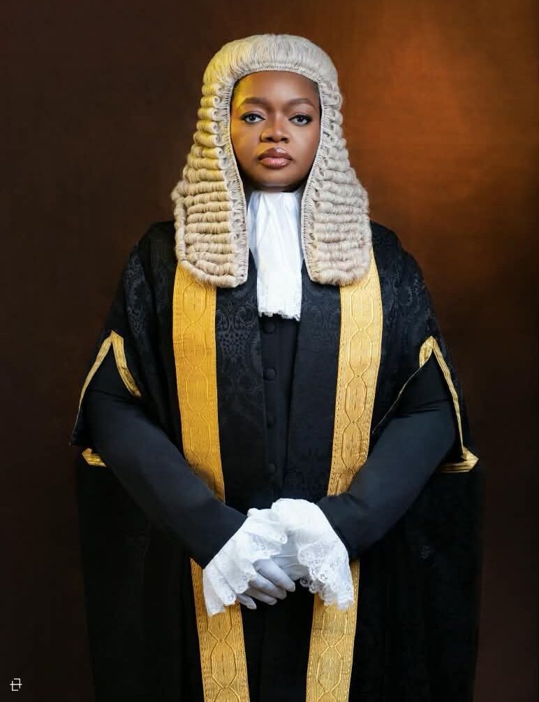 Olamide Mojigbotoluwa Ehinfun-Adekunle wearing the ceremonial Senior Advocate of Nigeria silk gown, gold lace trim, white collar, and full legal wig.
