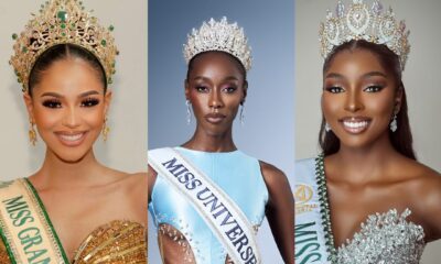 Collage featuring Miss Grand International 2026 Jihan Mohin Dimack, Miss Universe Uganda 2026 Mitchelle Daka, and Miss World Nigeria 2026 Tamunosoye Karibi-George wearing their crowns and sashes.