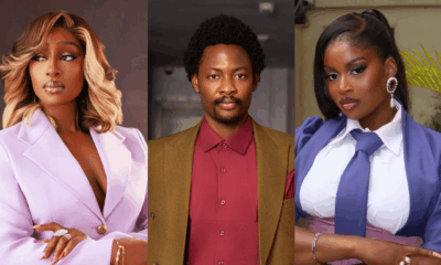 BBNaija Season 11 housemates Sheba, Aikou, and winner Temi Nkem posing in stylish outfits for Guinness finale post-eviction interviews