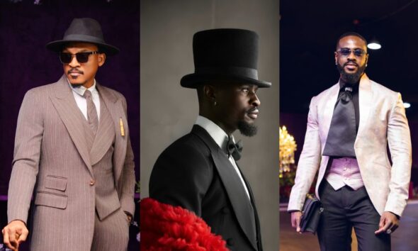 Shawn Faqua in a pinstripe suit, Larry Hector in a tailcoat with red boa, and Yemi Cregx in a blush jacquard jacket at BellaNaija red carpet.