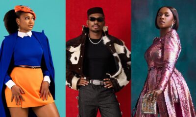 Sophia Chisom in a blue coat, Mike Afolarin in a cow-print jacket, and Genoveva Umeh in a pink sequined dress.