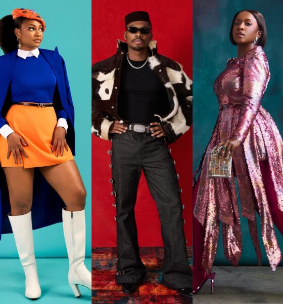 Sophia Chisom in a blue coat, Mike Afolarin in a cow-print jacket, and Genoveva Umeh in a pink sequined dress.