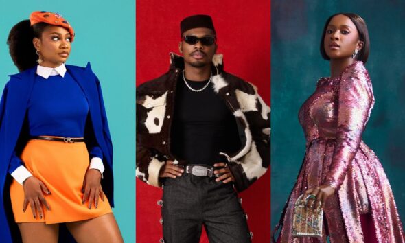 Sophia Chisom in a blue coat, Mike Afolarin in a cow-print jacket, and Genoveva Umeh in a pink sequined dress.