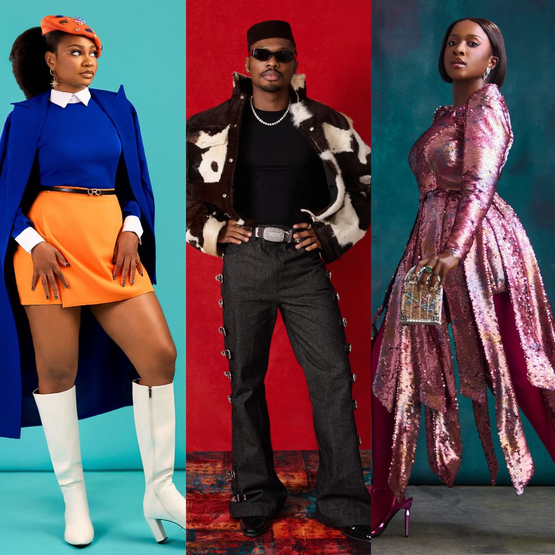 Sophia Chisom in a blue coat, Mike Afolarin in a cow-print jacket, and Genoveva Umeh in a pink sequined dress.