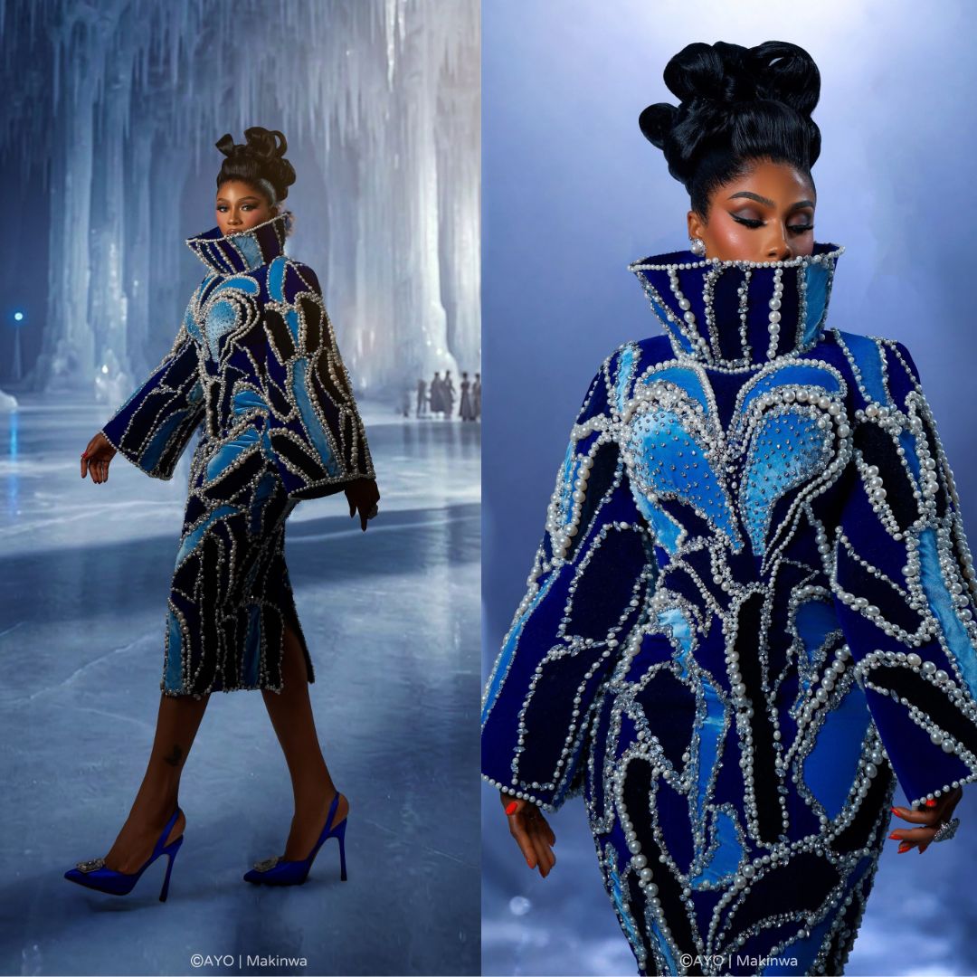 Mercy Eke wearing ice blue velvet dress embellished with cobalt accents and pearl swirl motifs at BellaNaija 20th Anniversary Grand Red Carpet Experience.