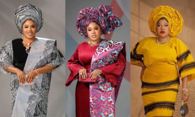 Toyin Abraham Ajeyemi wearing silver and black aso-oke, crimson velvet with damask, and mustard yellow fringe outfits.