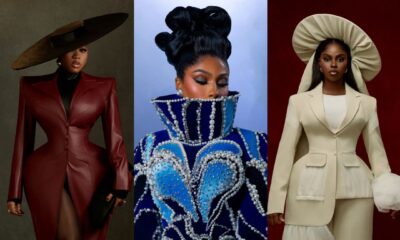 Veekee James in oxblood leather coat gown, Mercy Eke in blue pearl velvet dress, and Prudent Gabriel in cream asymmetric suit at BellaNaija 20th Anniversary Grand Red Carpet Experience.