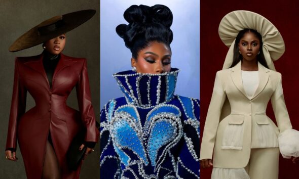Veekee James in oxblood leather coat gown, Mercy Eke in blue pearl velvet dress, and Prudent Gabriel in cream asymmetric suit at BellaNaija 20th Anniversary Grand Red Carpet Experience.