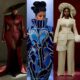 Veekee James in oxblood leather coat gown, Mercy Eke in blue pearl velvet dress, and Prudent Gabriel in cream asymmetric suit at BellaNaija 20th Anniversary Grand Red Carpet Experience.
