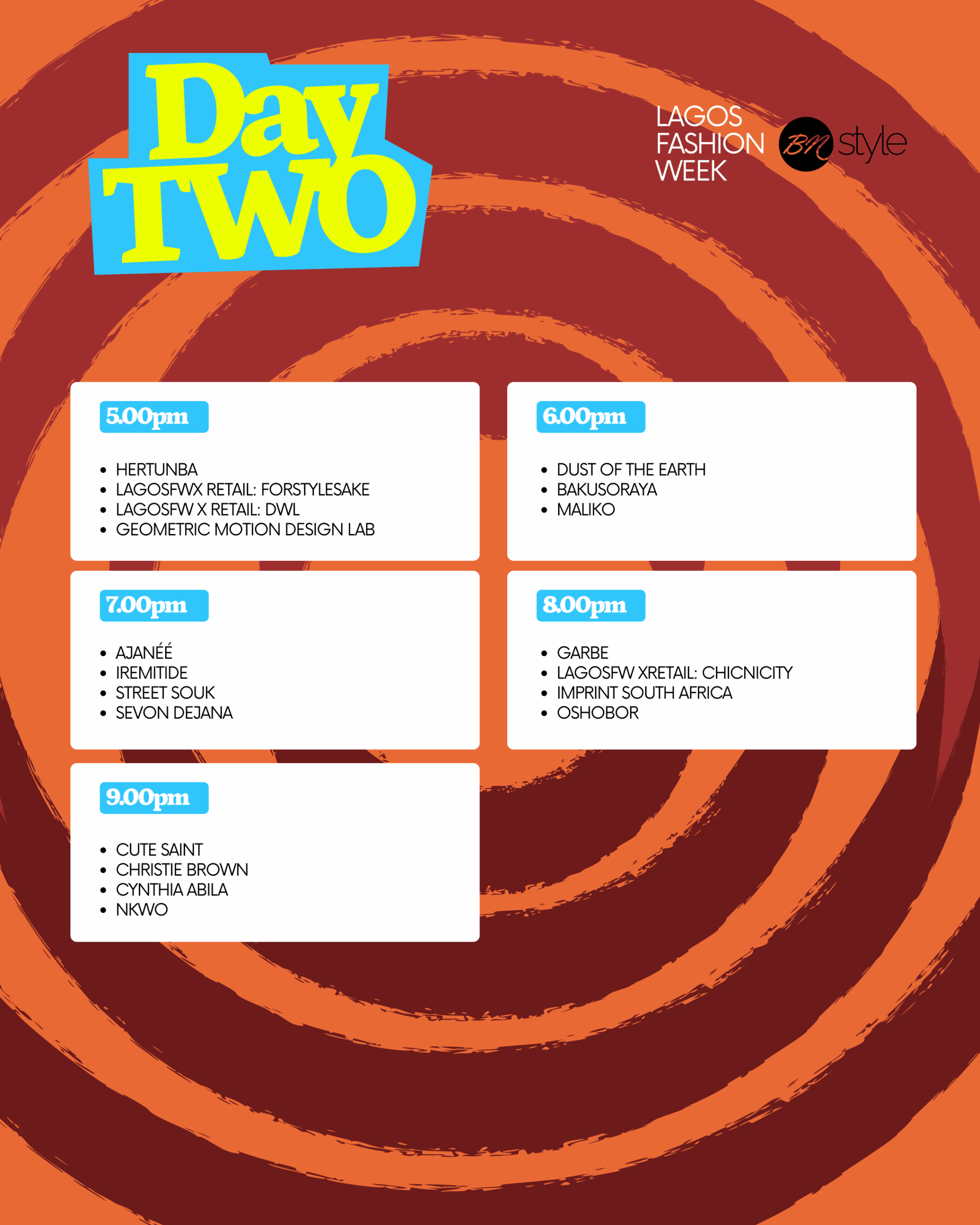 Lagos Fashion Week 2026 Day Two evening runway schedule listing Cute Saint, Christie Brown, and Nkwo