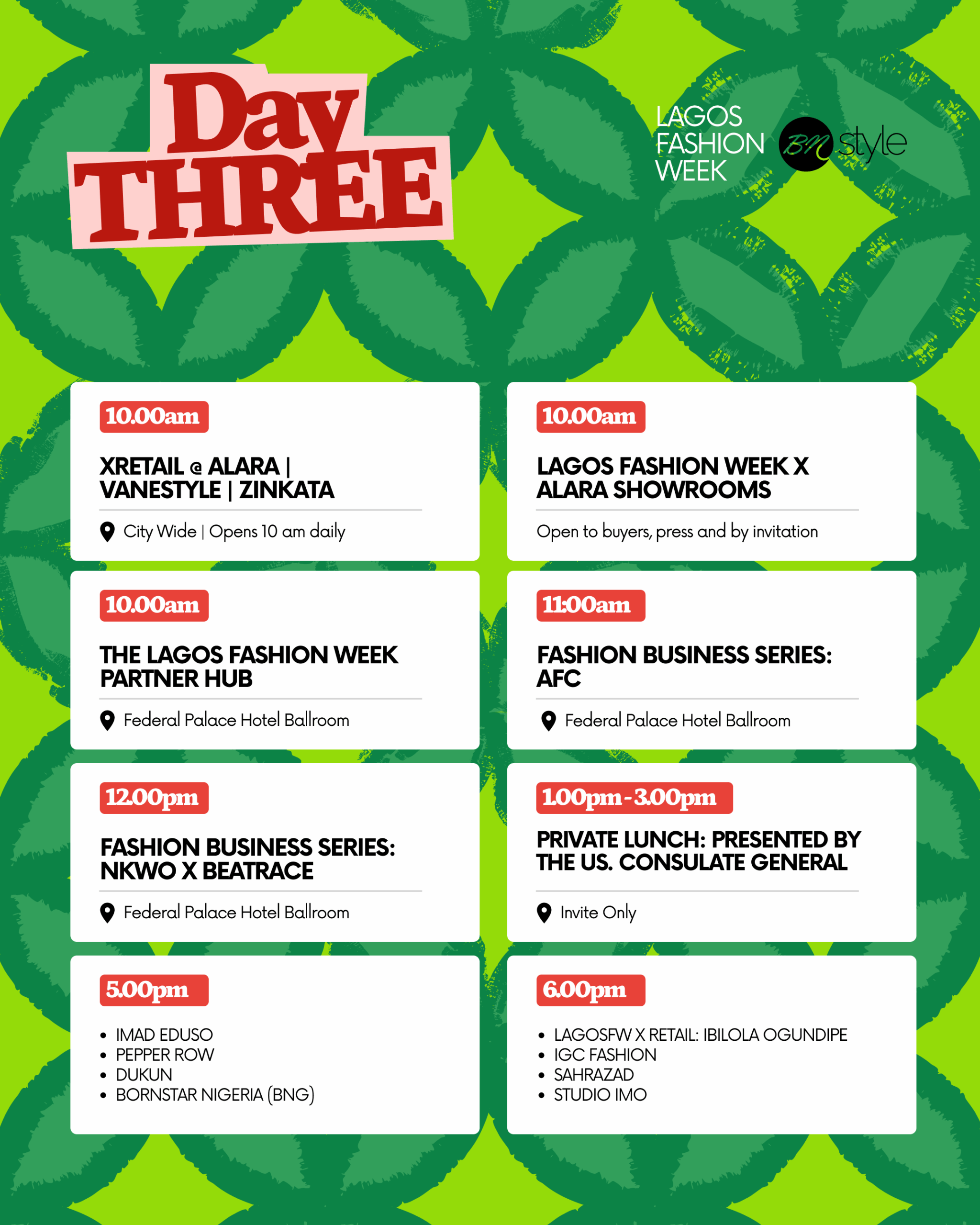 Lagos Fashion Week 2026 Day Three schedule graphic detailing Fashion Business Series and studio presentations.