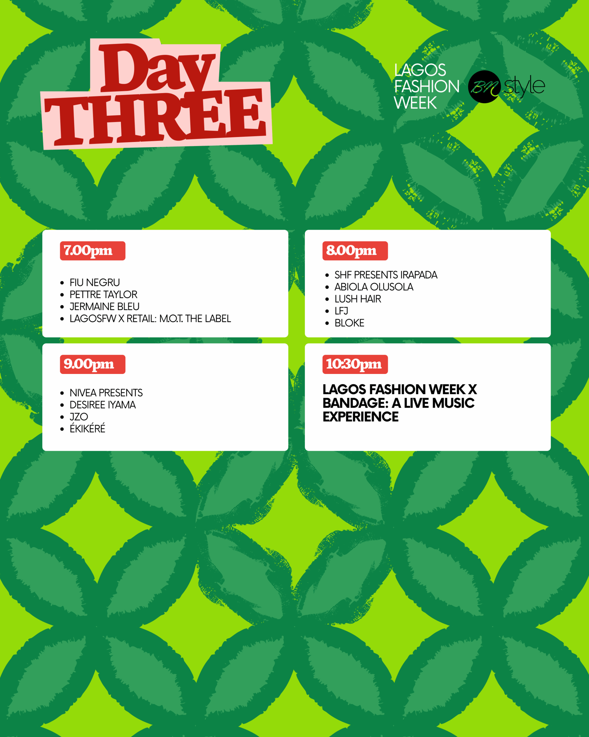 Lagos Fashion Week 2026 Day Three evening schedule featuring Abiola Olusola, Bloke, and Desiree Iyama.