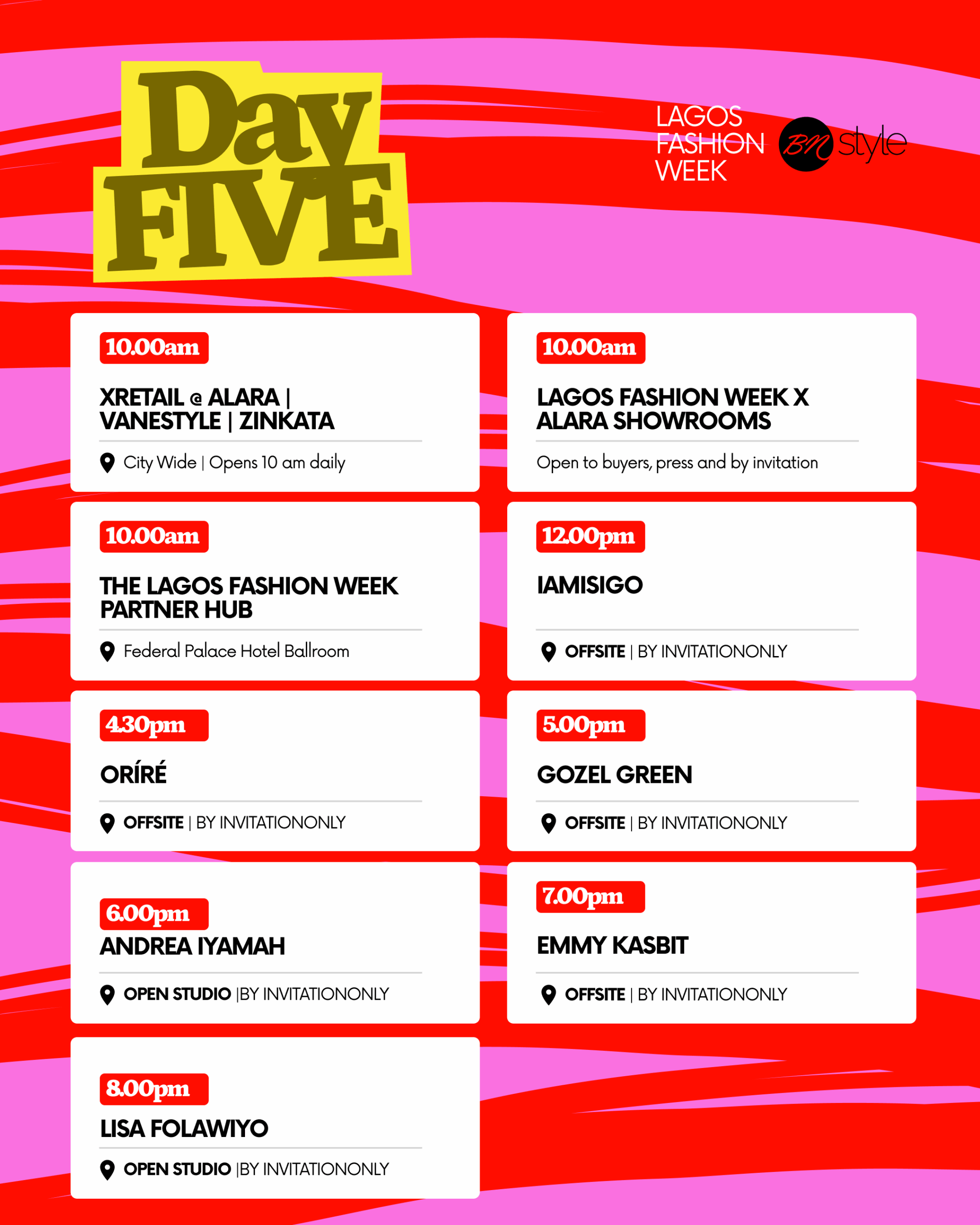 Lagos Fashion Week 2026 Day Five final schedule graphic highlighting Oríré, Andrea Iyamah, Emmy Kasbit, and Lisa Folawiyo