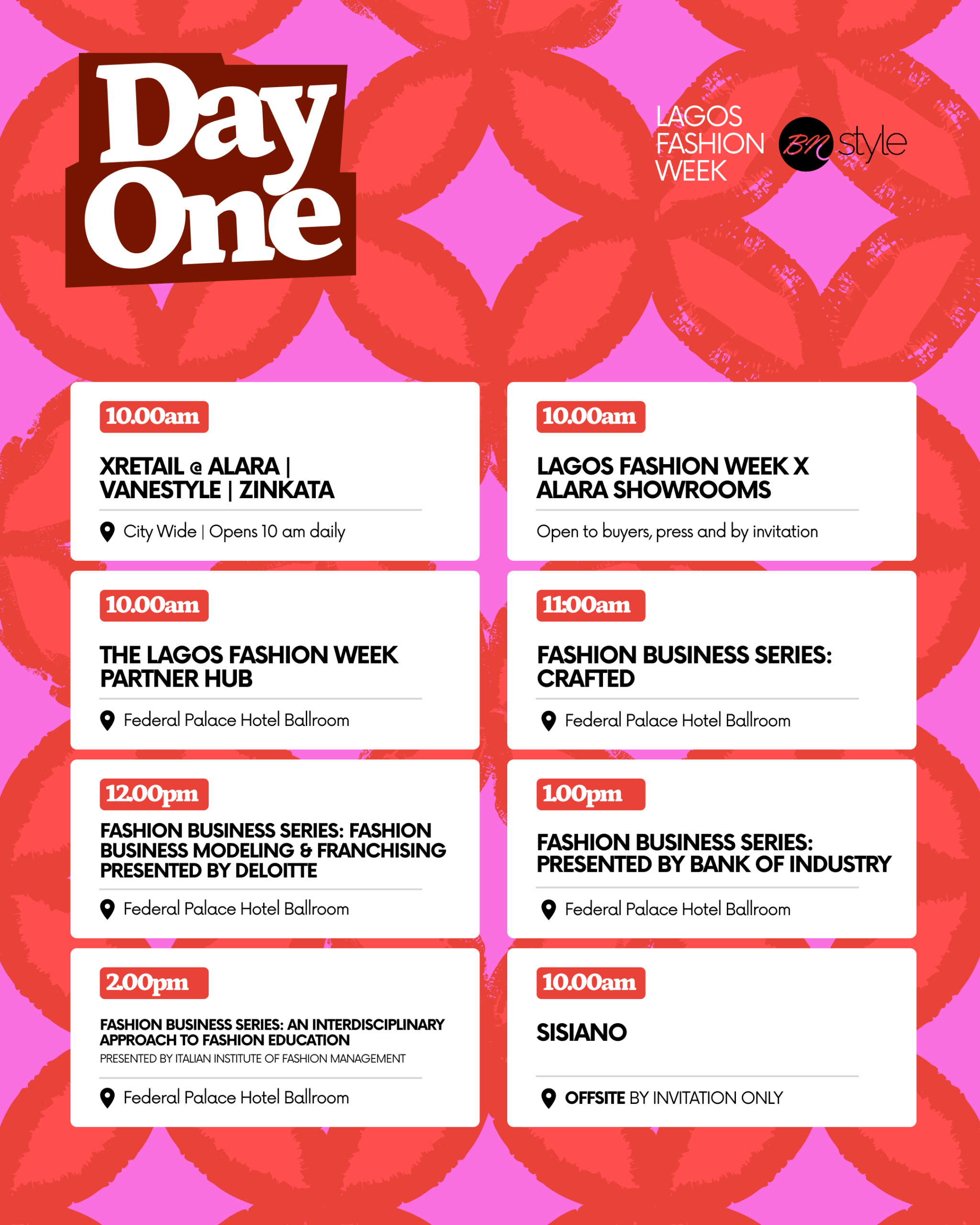 Lagos Fashion Week 2026 Day One morning schedule graphic detailing Fashion Business Series sessions and Partner Hub at Federal Palace Hotel.