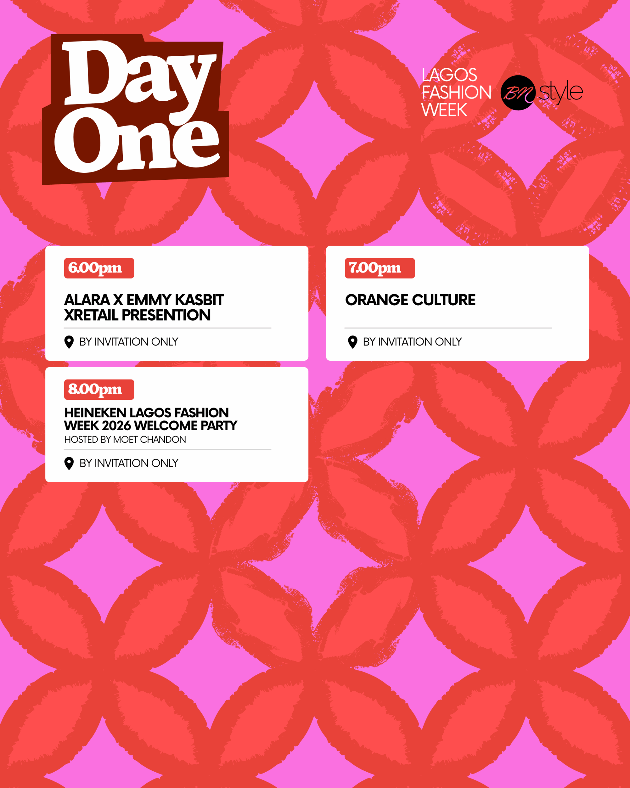 Lagos Fashion Week 2026 Day One evening schedule graphic highlighting Orange Culture and Heineken Welcome Party.