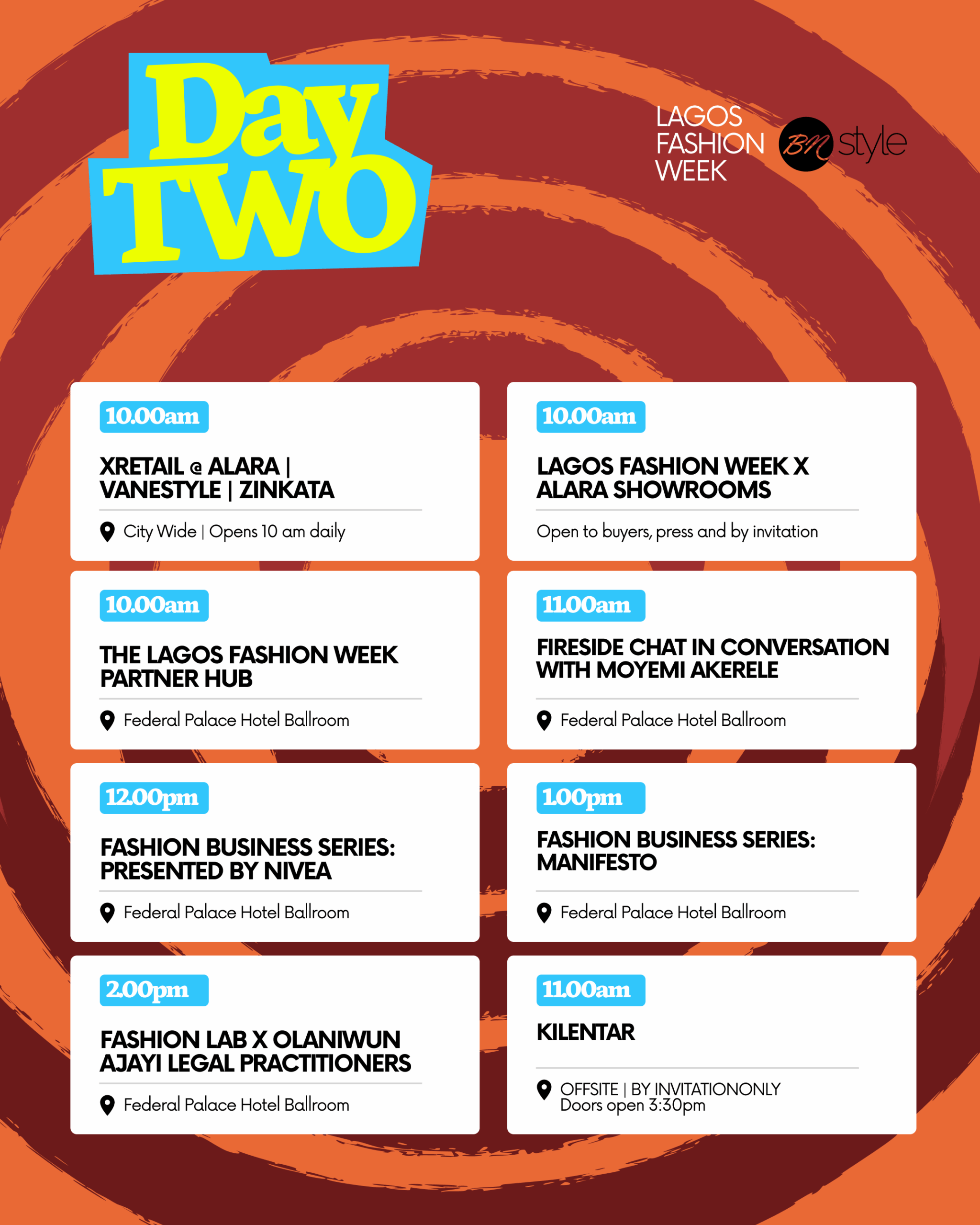 Lagos Fashion Week 2026 Day Two morning schedule graphic featuring Fireside Chat with Omoyemi Akerele.