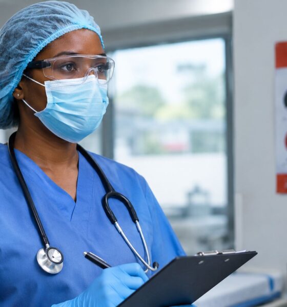Medical worker in protective scrub cap, safety goggles, face mask, and gloves holding a clipboard near an Ebola prevention poster.