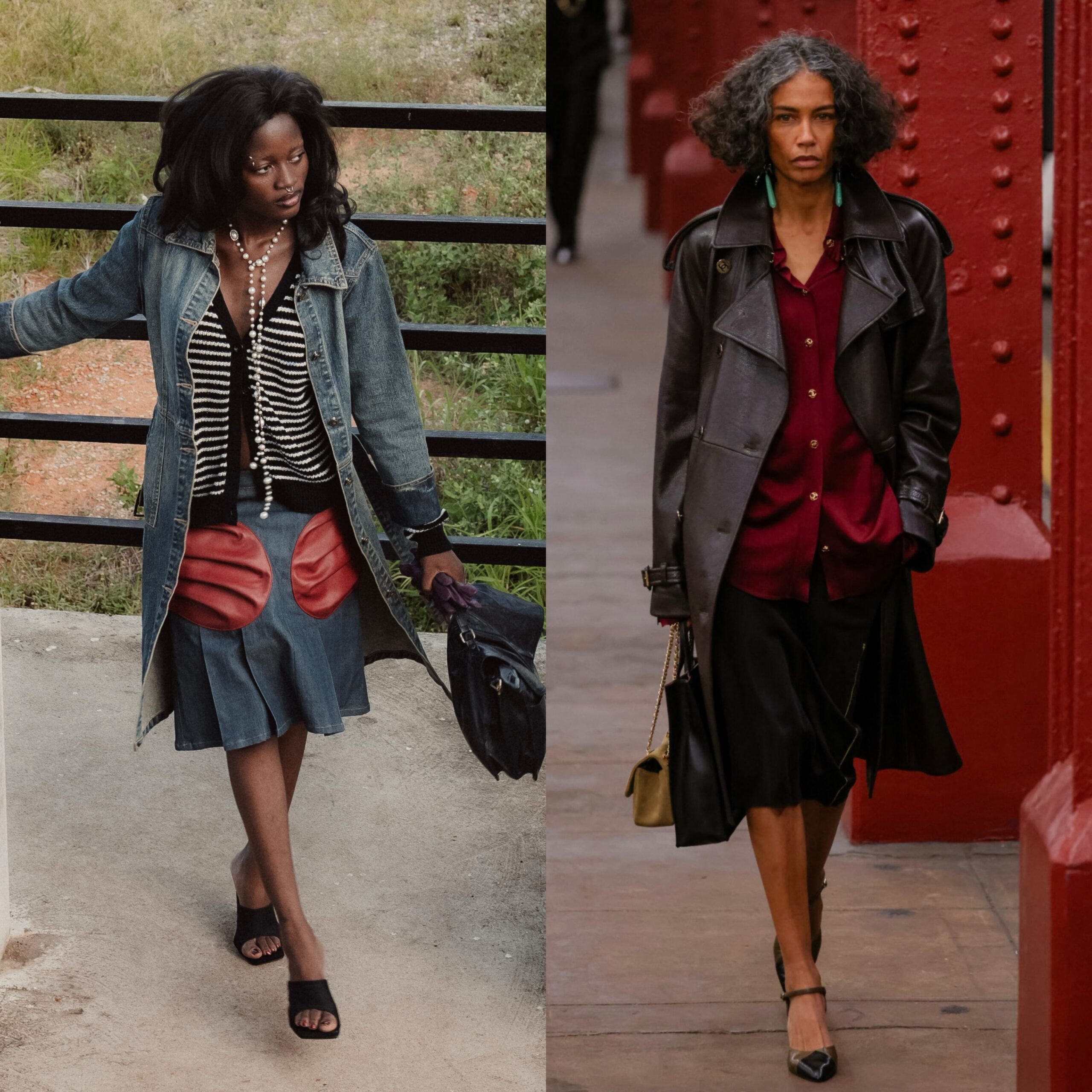 Alt Text: Side-by-side comparison of Rachael Ojuromi in a denim coat look in Lagos and a Chanel runway look.