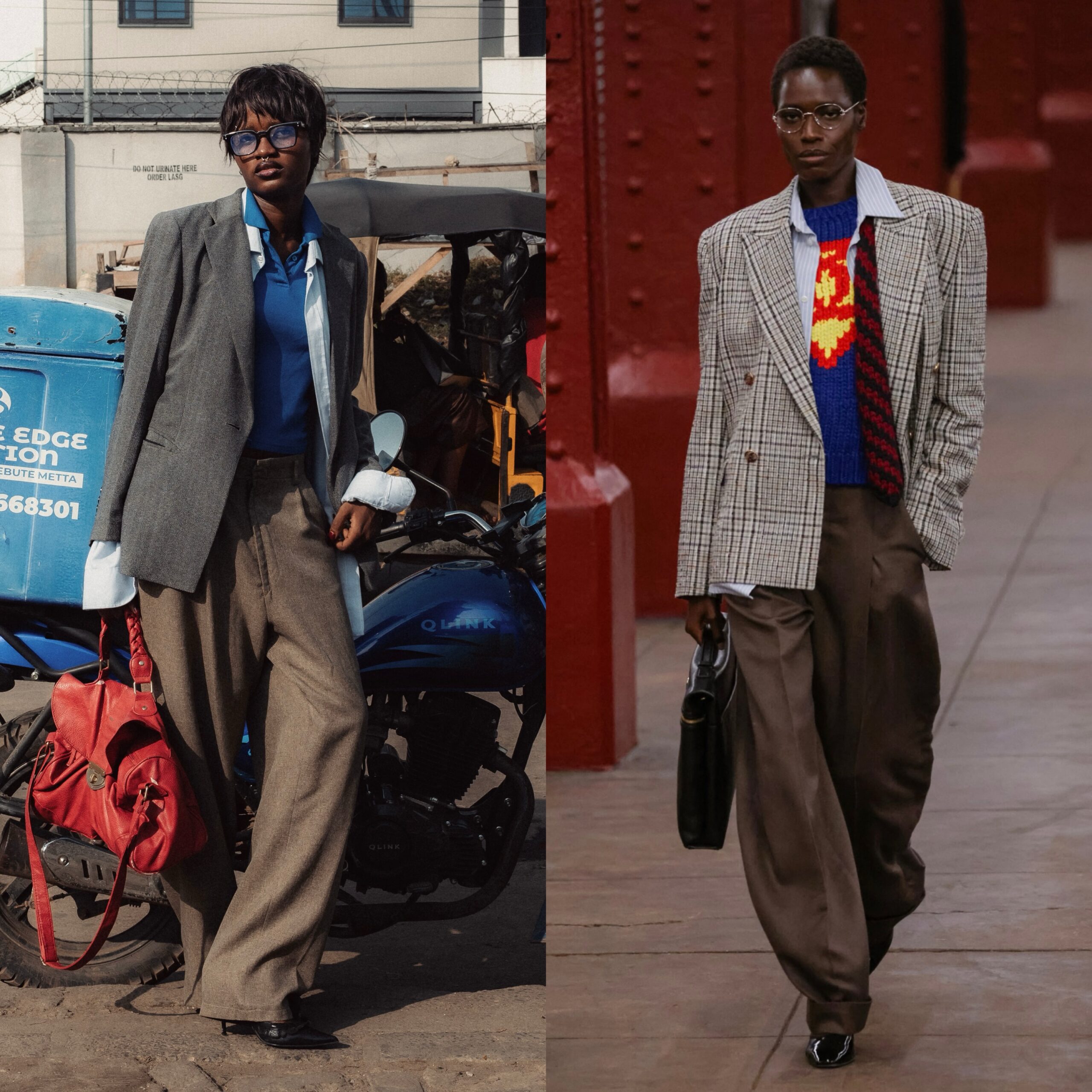 Side-by-side comparison of Rachael Ojuromi in a grey blazer in Lagos and a Chanel runway look.
