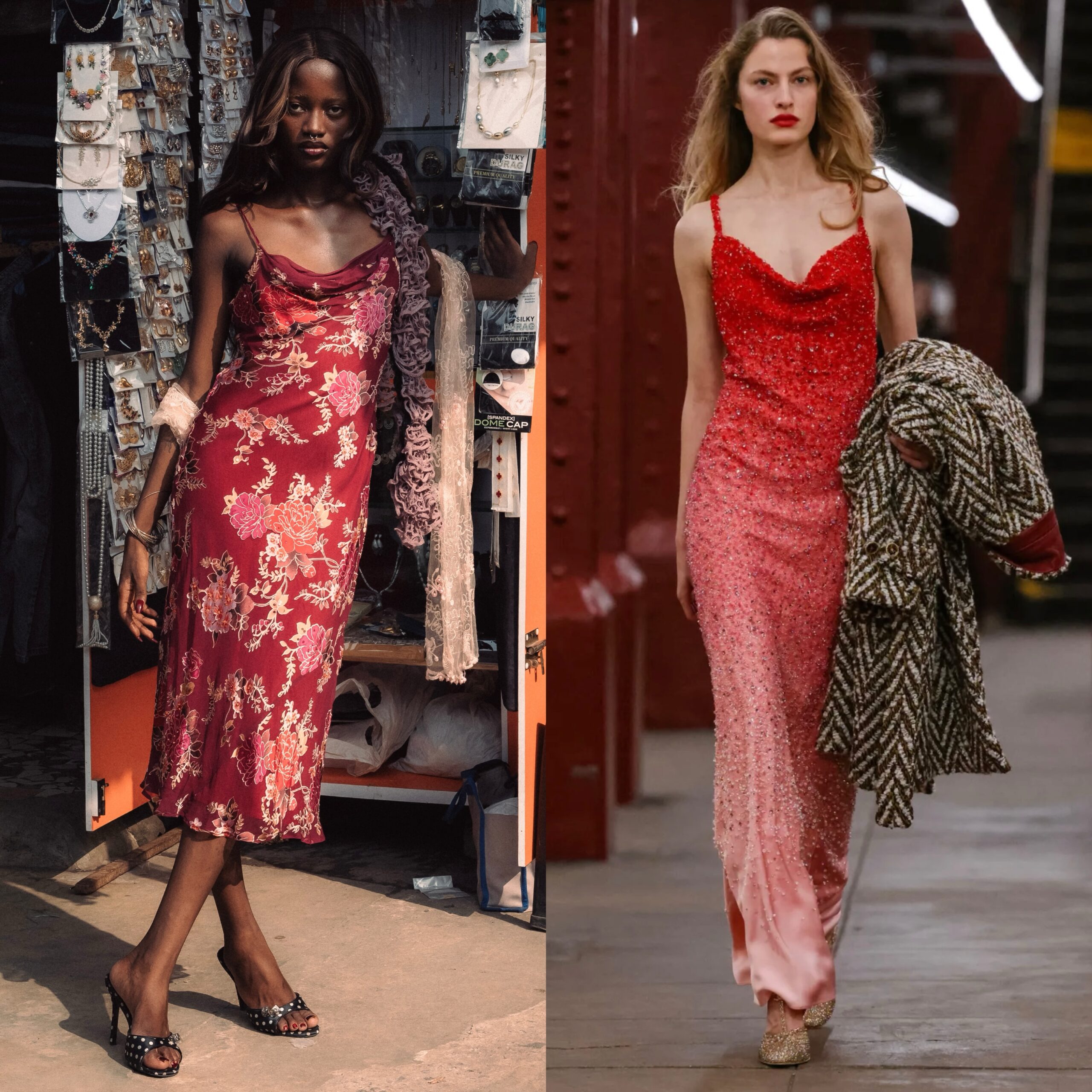 Side-by-side comparison of Rachael Ojuromi in a floral dress in Lagos and a Chanel runway look.