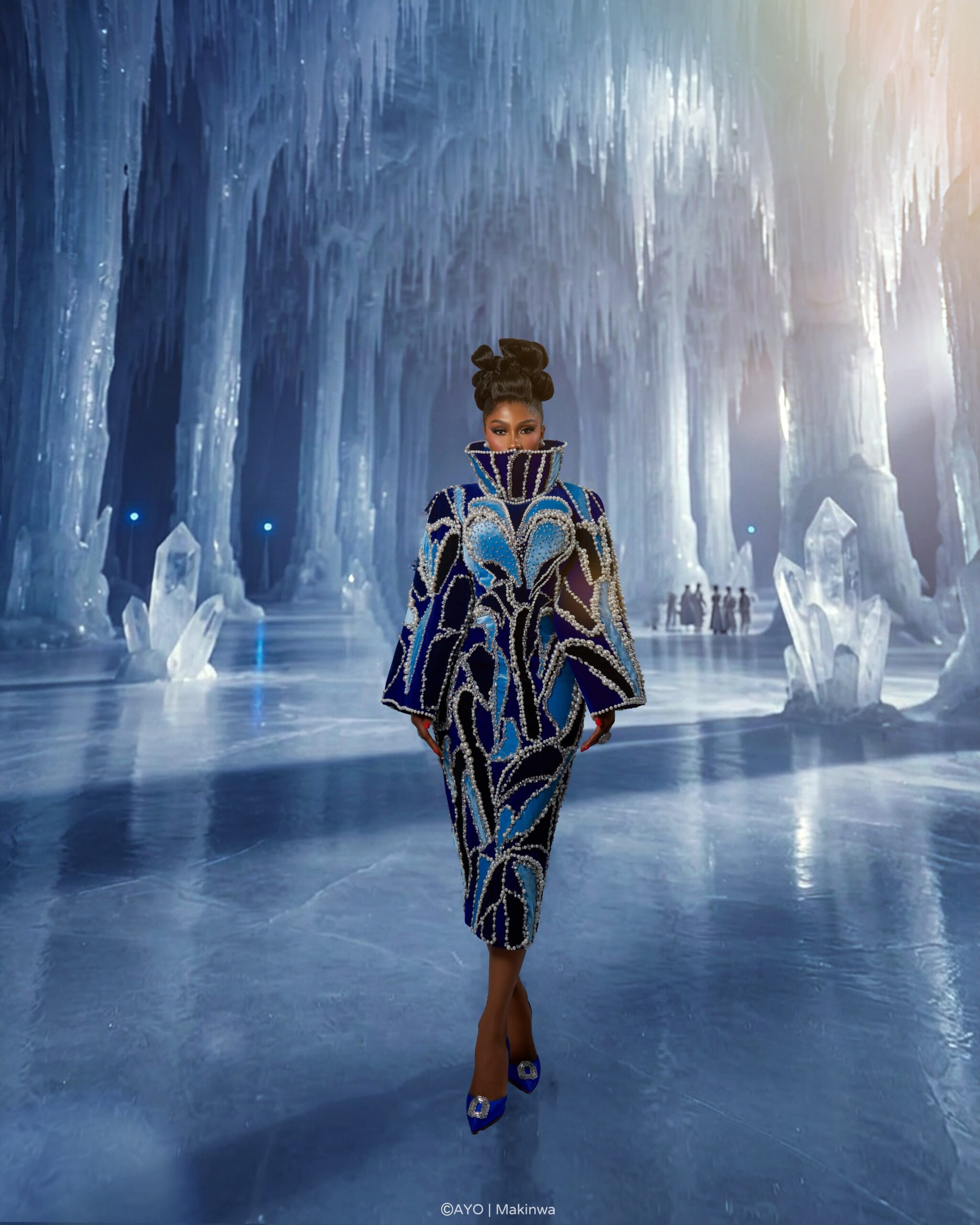 Mercy Eke in full length Amy Aghomi coat-gown and cobalt blue slingback heels for BellaNaija at 20