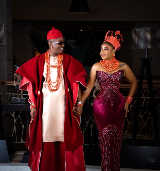 Timini Egbuson and Bimbo Ademoye smiling at each other in traditional Nigerian bridal wear