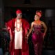 Timini Egbuson and Bimbo Ademoye smiling at each other in traditional Nigerian bridal wear
