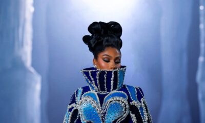 Mercy Eke in cobalt and ice blue velvet Amy Aghomi gown at BellaNaija Grand Red Carpet Experience