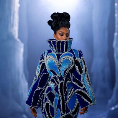 Mercy Eke in cobalt and ice blue velvet Amy Aghomi gown at BellaNaija Grand Red Carpet Experience